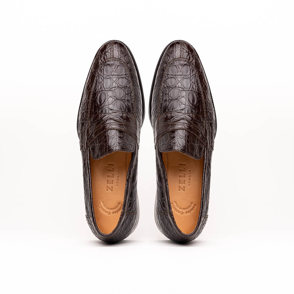 Zelli Italia 11-201-NIC ROMA Crocodile Penny Loafer, Nicotine Side View
