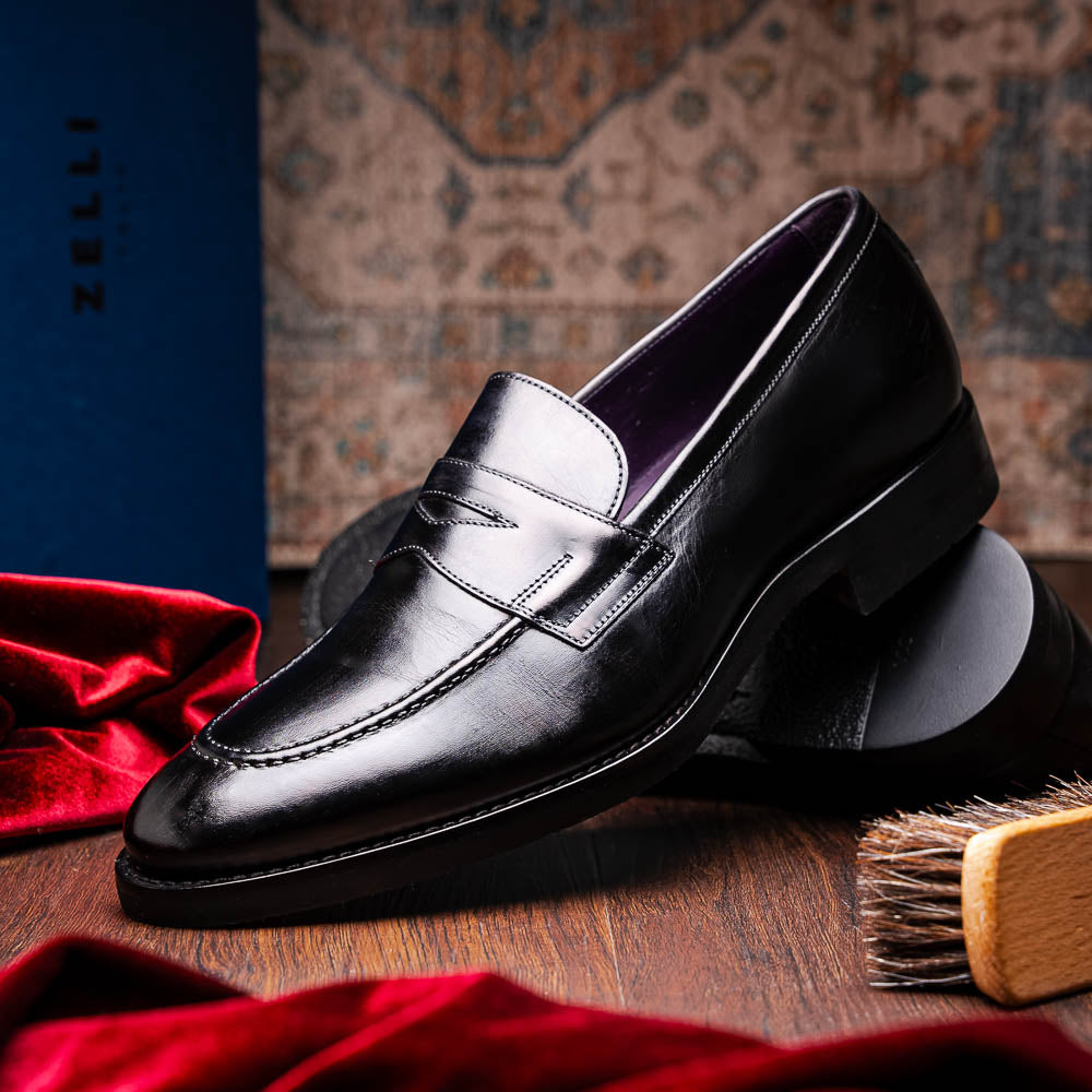 Zelli Italia 15-400-BLK ROMA Hand Burnished Calfskin Penny Loafer Black Top View