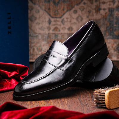 Zelli Italia 15-400-BLK ROMA Hand Burnished Calfskin Penny Loafer Black Top View