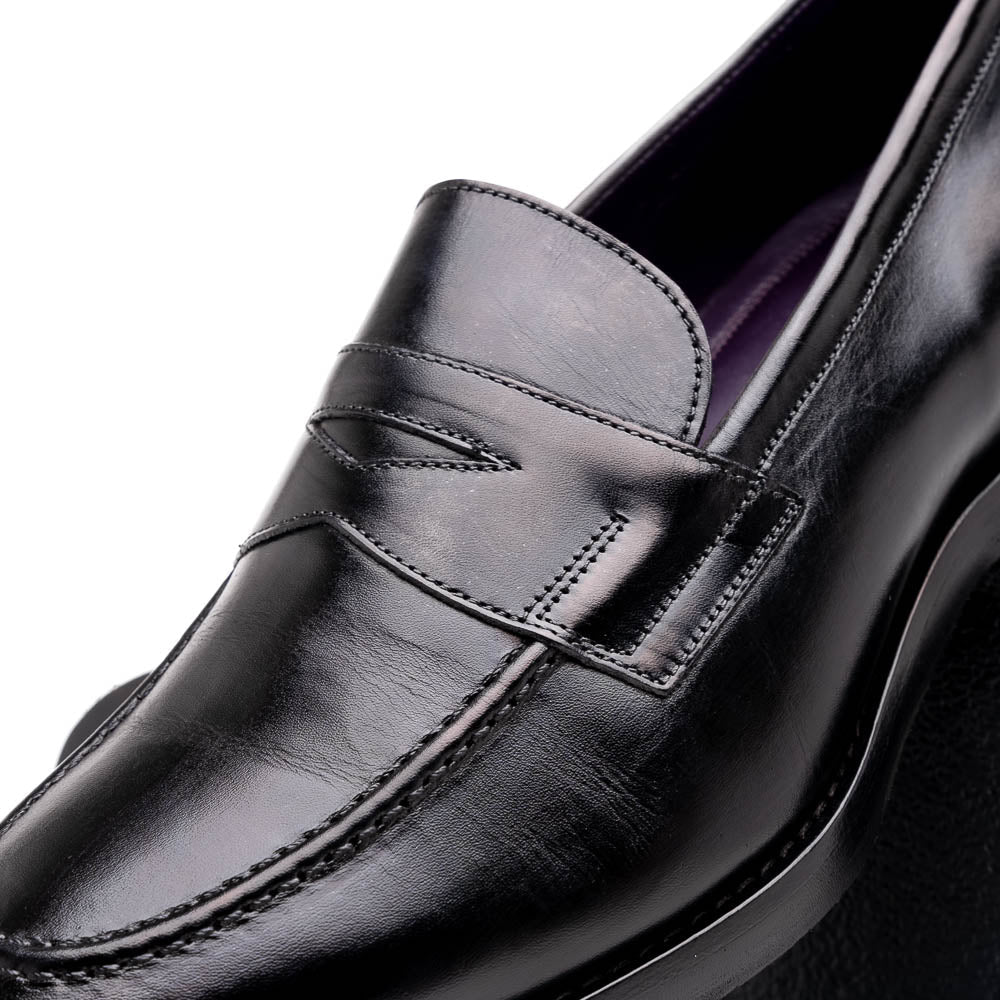Zelli Italia 15-400-BLK ROMA Hand Burnished Calfskin Penny Loafer Black Angled View