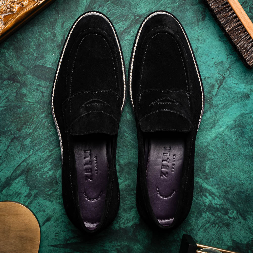 Zelli Italia Men's 16-657-BLK ROMA Italian Suede Penny Loafers Black
