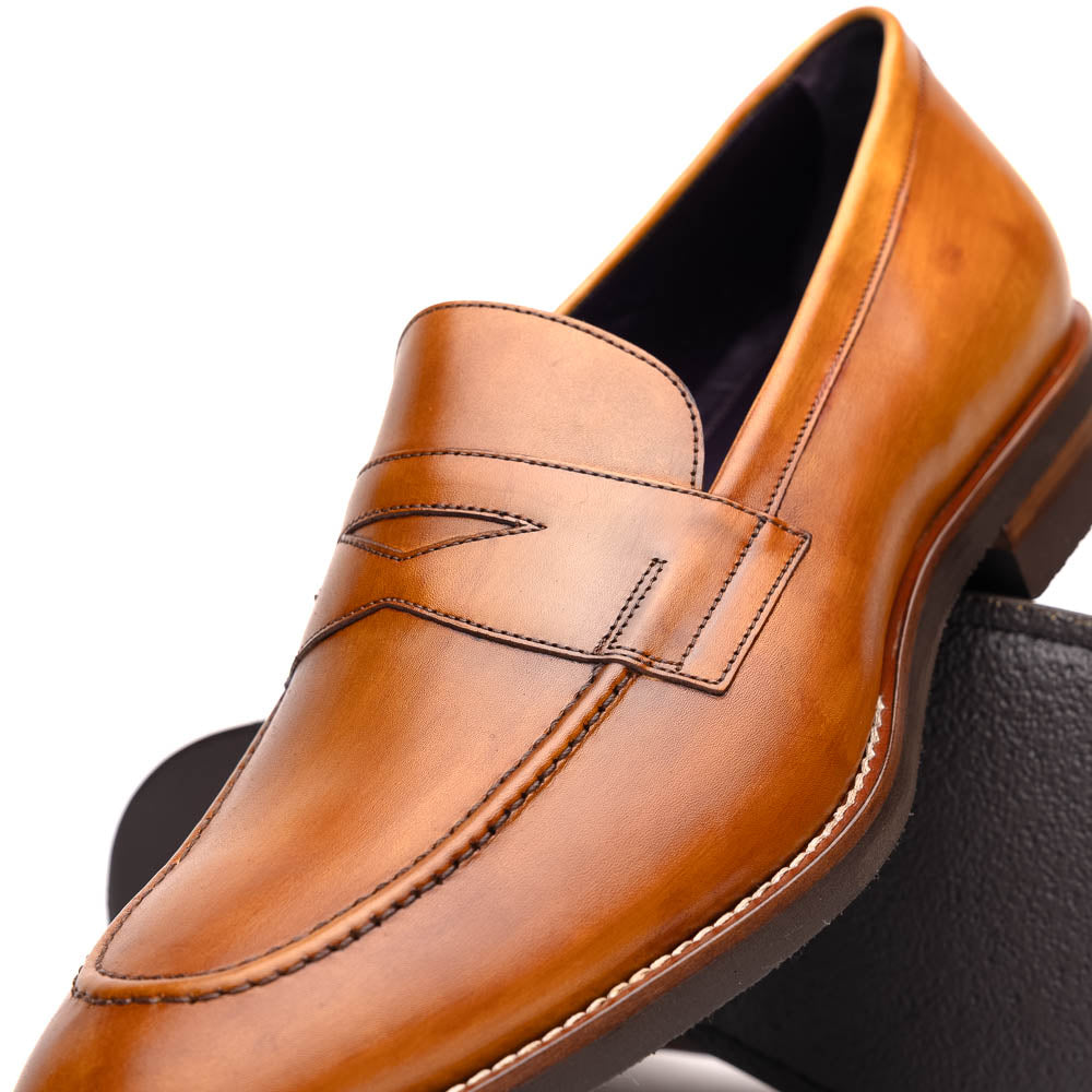 Zelli Italia 15-400-CML ROMA Hand Burnished Calfskin Penny Loafer Camel Angled View