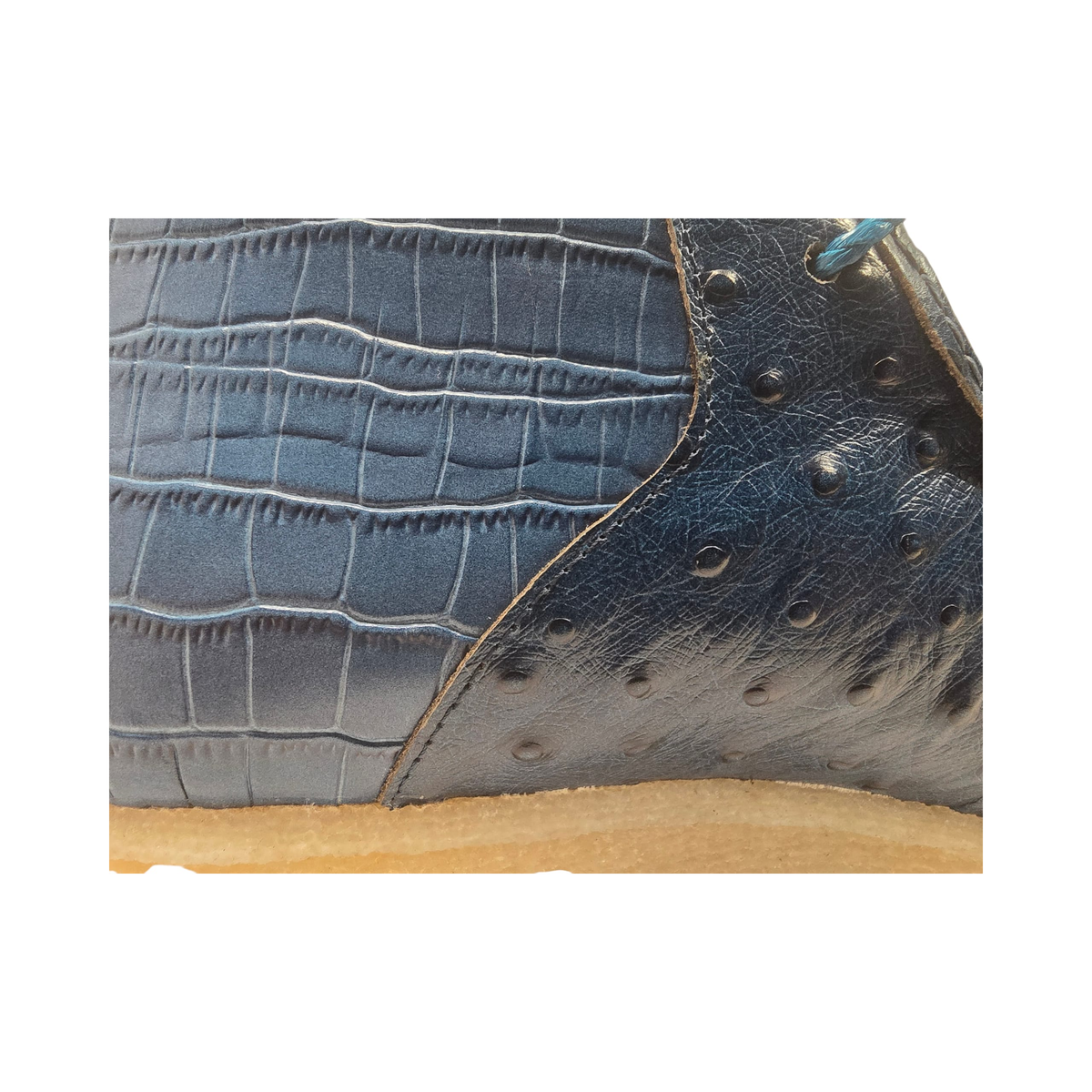 British Walkers Walker Royal Gator chukka boots in dual blue, textured side panel close-up