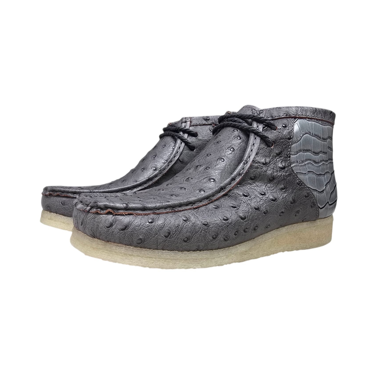 British Walkers Walker Royal Gator chukka boots in gray, pair from the front and side