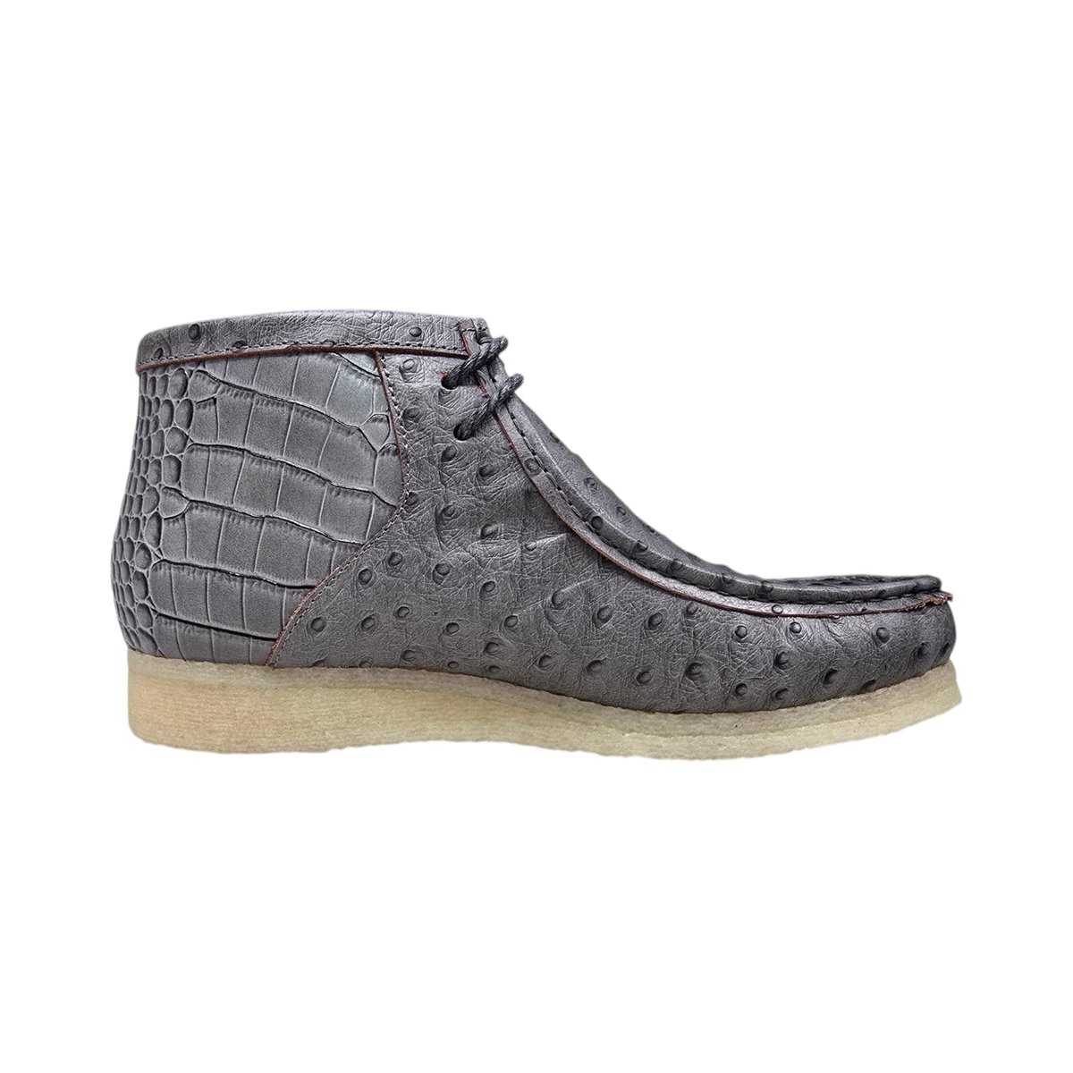 British Walkers Walker Royal Gator chukka boots in gray, side profile with toe facing right