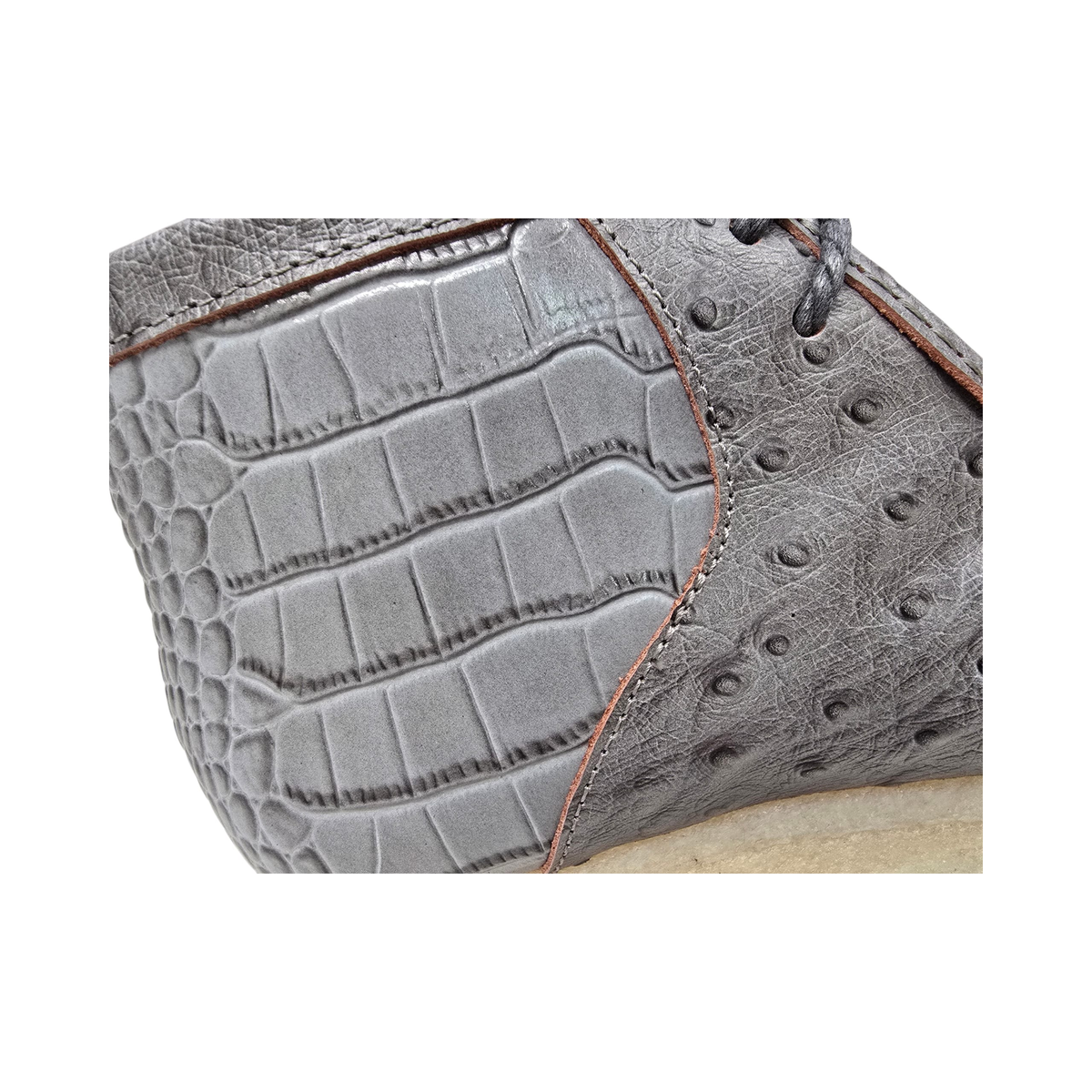 British Walkers Walker Royal Gator chukka boots in gray, textured side panel close-up