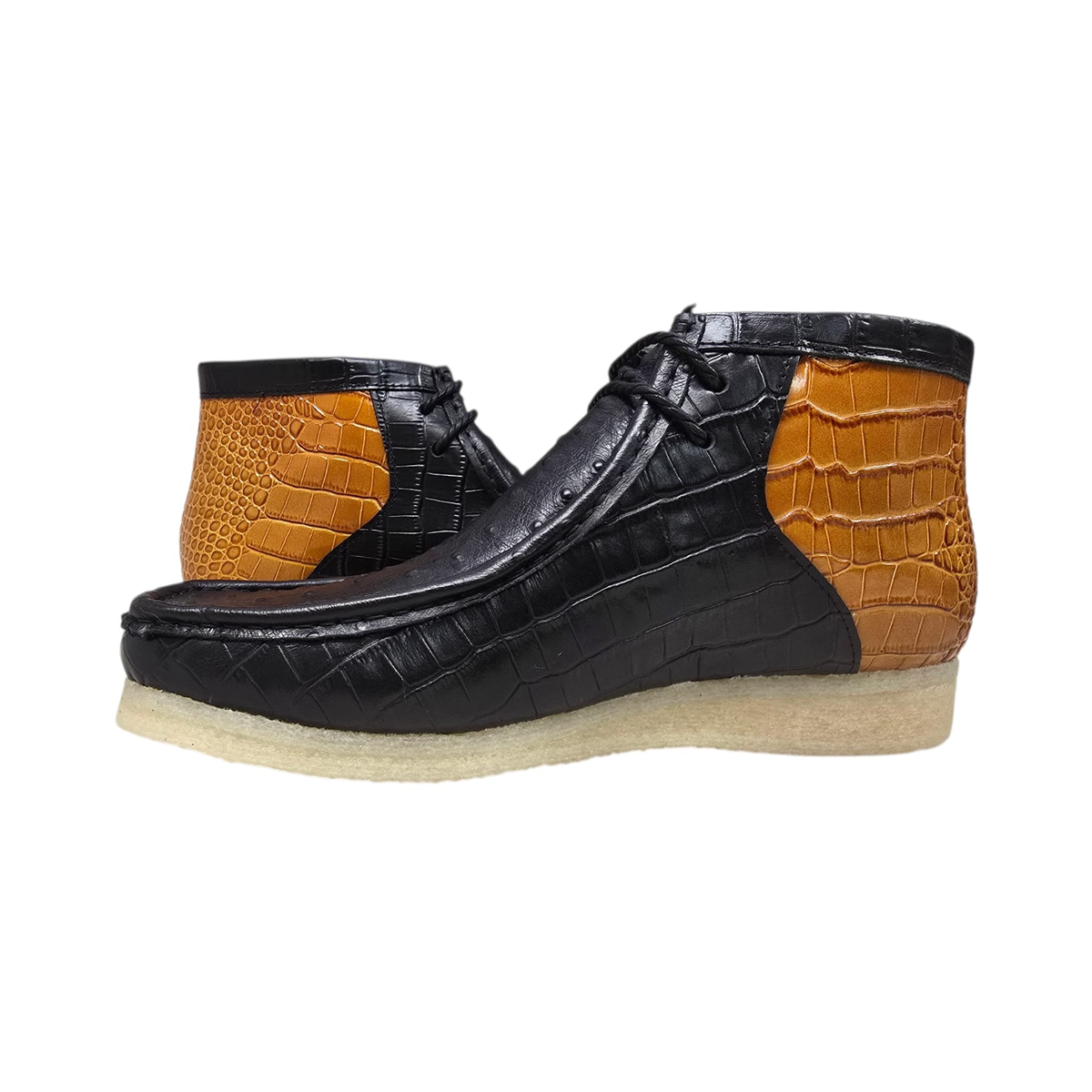 British Walkers Walker Royal Gator chukka boots in black and tan, pair at a three-quarter angle