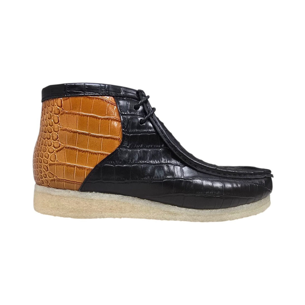 British Walkers Walker Royal Gator chukka boots in black and tan, side profile with toe facing right