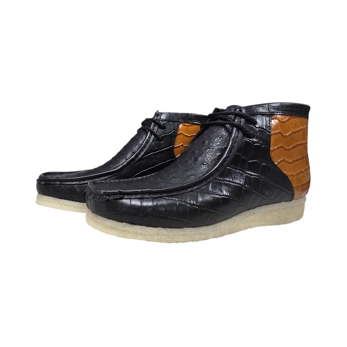 British Walkers Walker Royal Gator chukka boots in black and tan, pair from the front and side