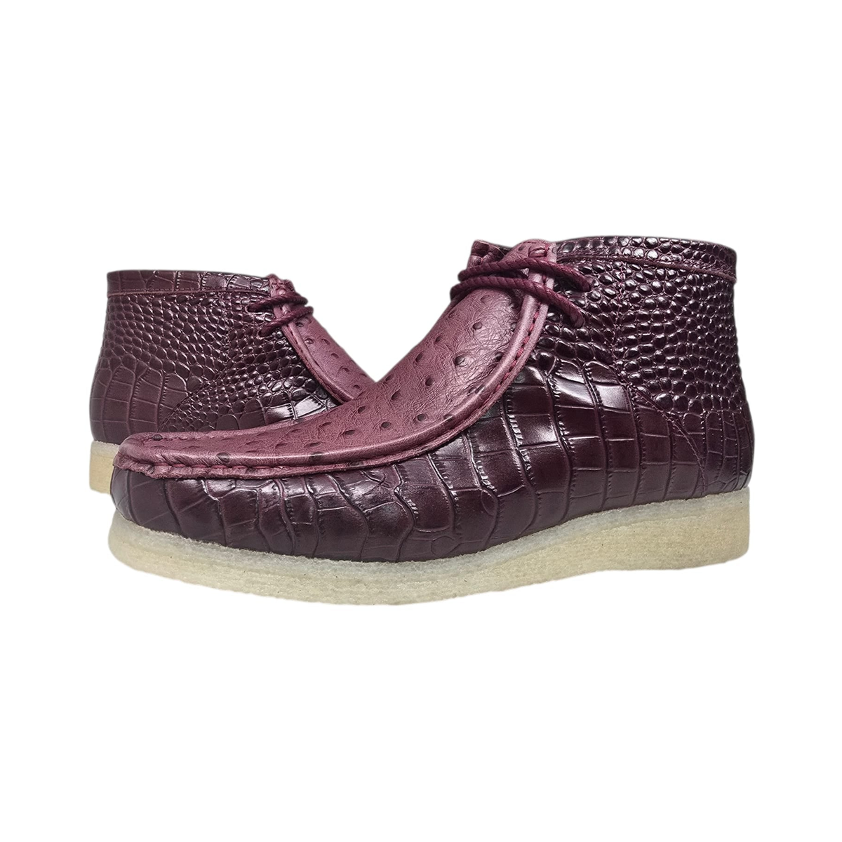 British Walkers Walker Royal Gator chukka boots in burgundy, pair at a three-quarter angle