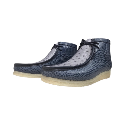 British Walkers Walker Royal Gator chukka boots in navy and powder blue, pair from the front and side