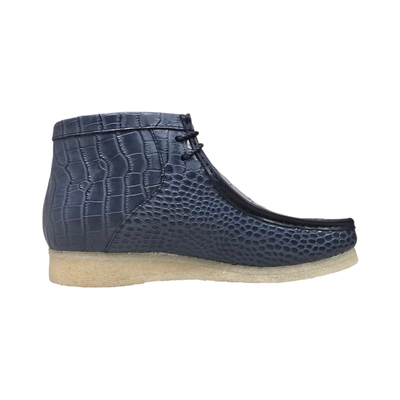 British Walkers Walker Royal Gator chukka boots in navy and powder blue, side profile with toe facing right