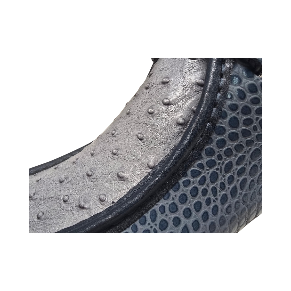 British Walkers Walker Royal Gator chukka boots in navy and powder blue, textured panels and stitching close-up