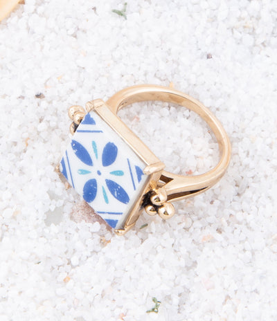 Santorini Blue and White Tile Golden Statement Ring