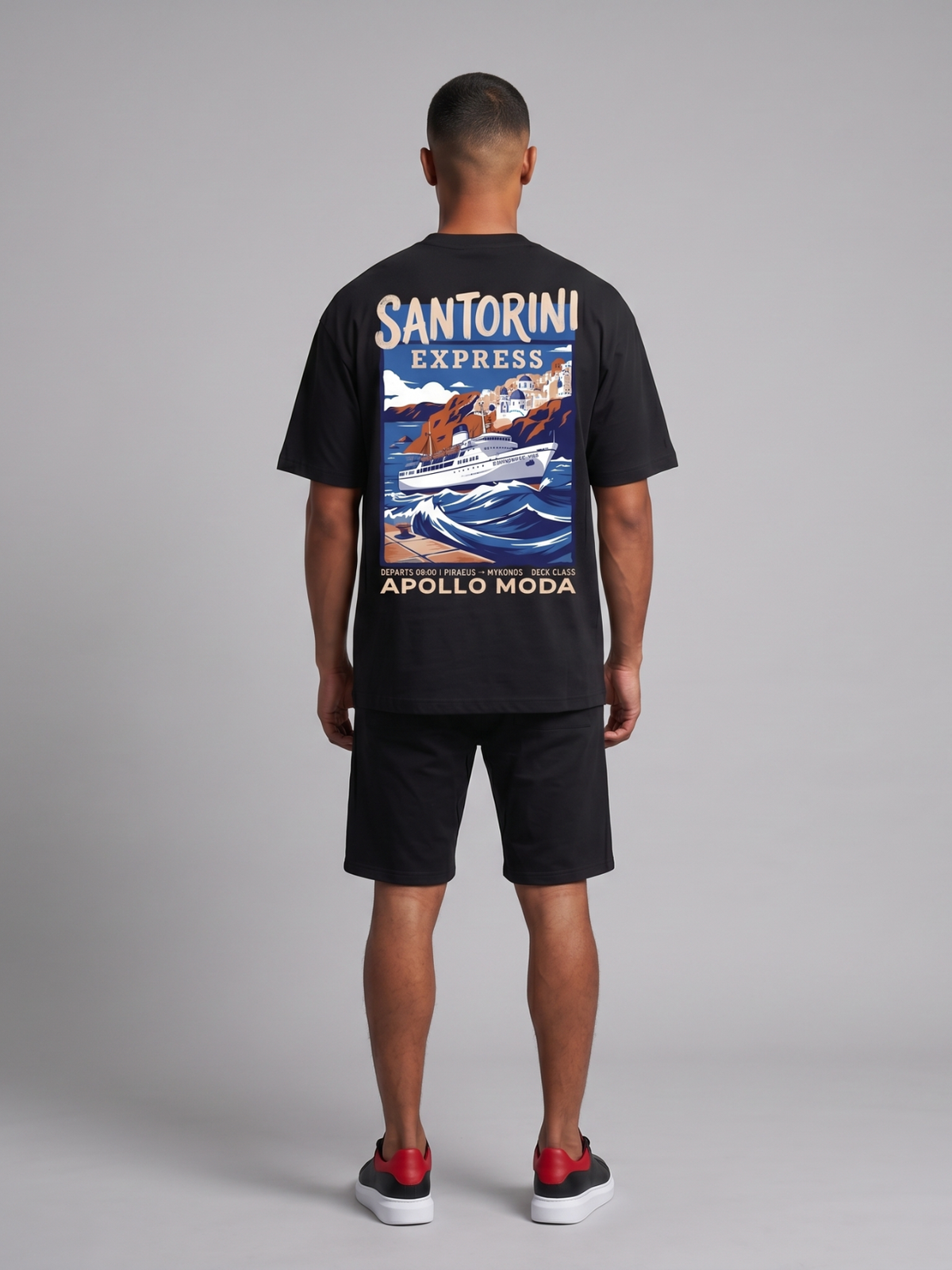 'Santorini Express' Oversized Graphic Tee — Black