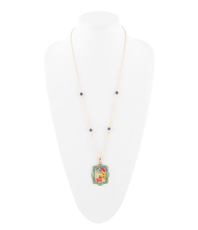 Scenic Floral and Blue Turquoise Golden Pendant Necklace