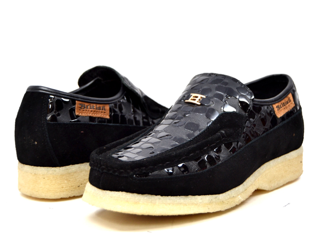 British Walkers Stone Men's Black Pattern Leather and Suede Shoes with Crepe Sole view 1