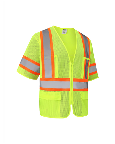 Kiwi High Visibility ANSI/ISEA 107-2020, Type R, Class 3 Contrast Trimmed Neon Short Sleeve Safety Vest [72100]