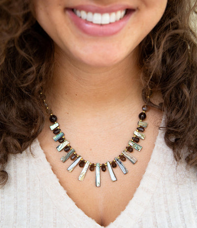 Sepia Sea Green Abalone Statement Golden Necklace