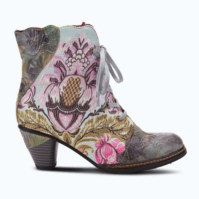 L'Artiste Siren embroidered lace-up ankle boot in Mint Green Multi, outer-side profile view
