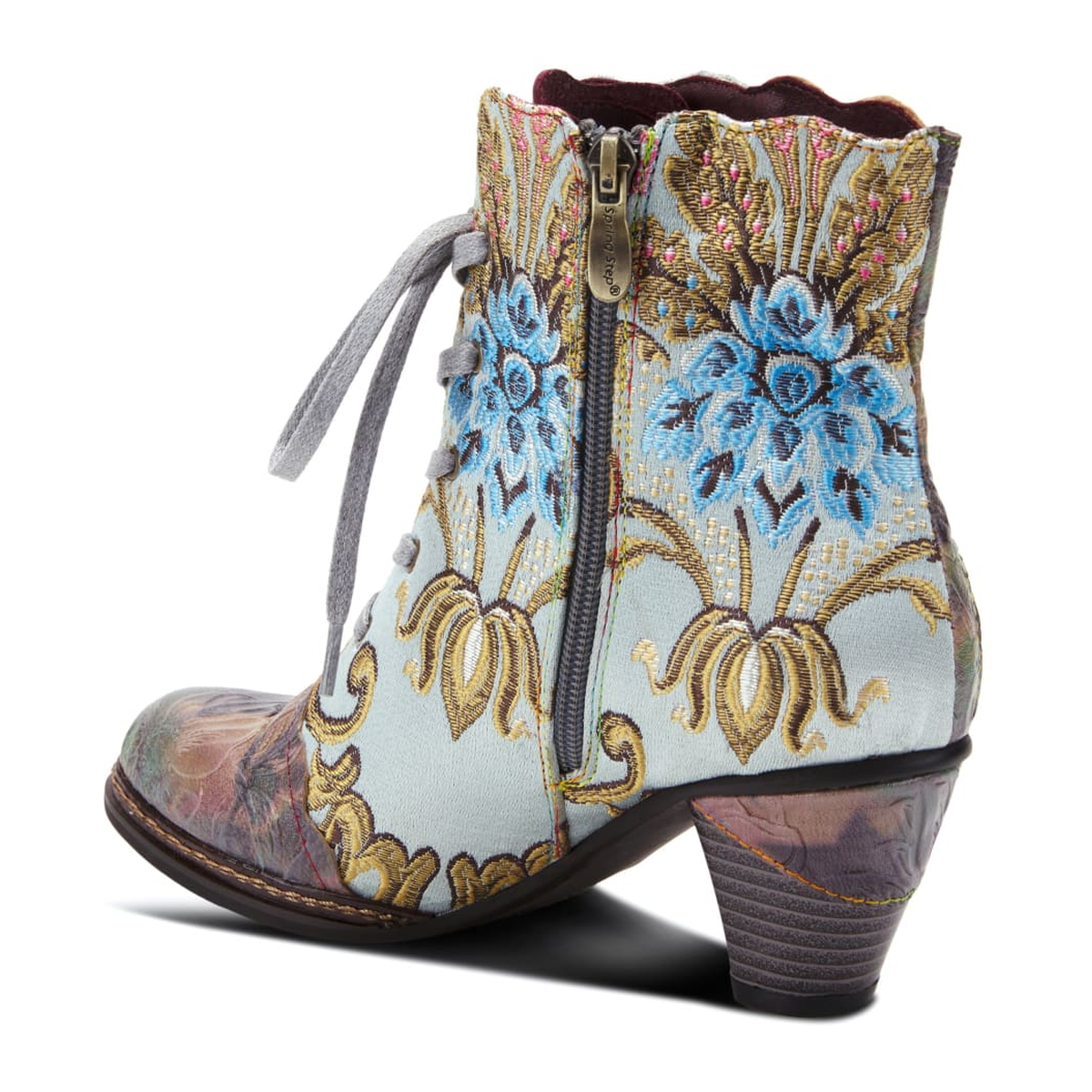 L'Artiste Siren embroidered lace-up ankle boot in Mint Green Multi, rear inside three-quarter view
