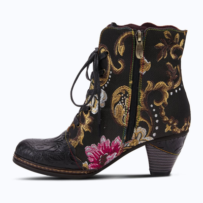 L'Artiste Siren embroidered lace-up ankle boot in Black Multi, inside zipper-side profile view