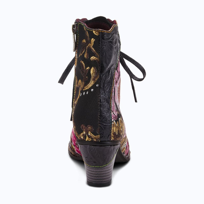 L'Artiste Siren embroidered lace-up ankle boot in Black Multi, rear view