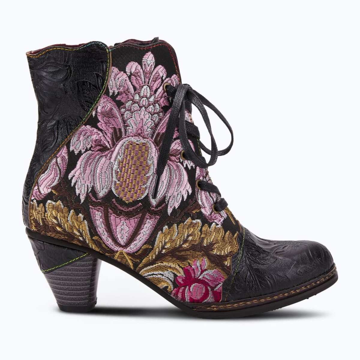 L'Artiste Siren embroidered lace-up ankle boot in Black Multi, outer-side profile view