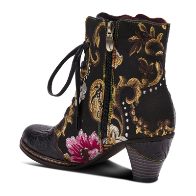 L'Artiste Siren embroidered lace-up ankle boot in Black Multi, rear inside three-quarter view