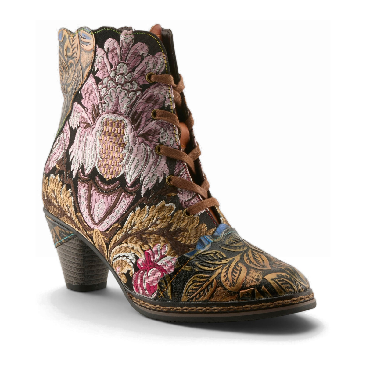 L'Artiste Siren embroidered lace-up ankle boot in Bronze Multi, front three-quarter view