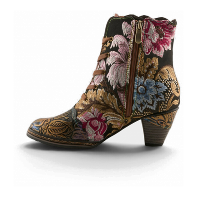 L'Artiste Siren embroidered lace-up ankle boot in Bronze Multi, inside zipper-side profile view