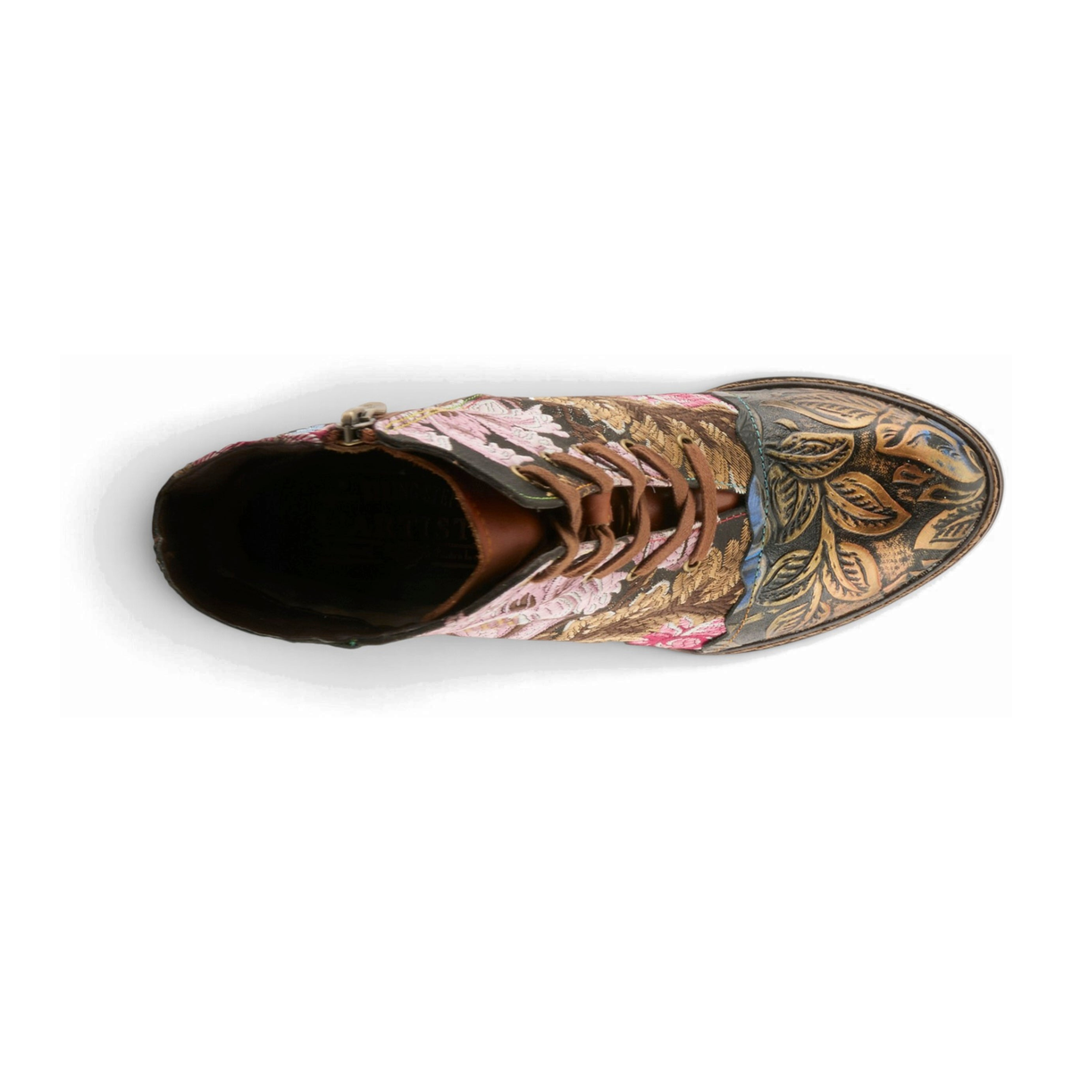 L'Artiste Siren embroidered lace-up ankle boot in Bronze Multi, top view