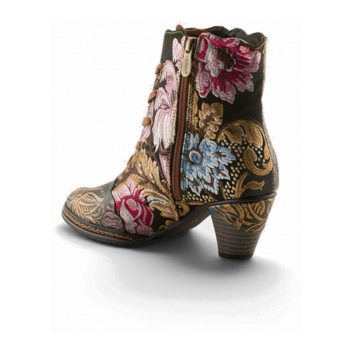 L'Artiste Siren embroidered lace-up ankle boot in Bronze Multi, rear inside three-quarter view