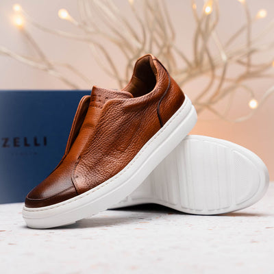 Zelli Italia Men's 65-225-CGN SPETTACOLARE Italian Pebble Grain Calfskin Sneakers Cognac