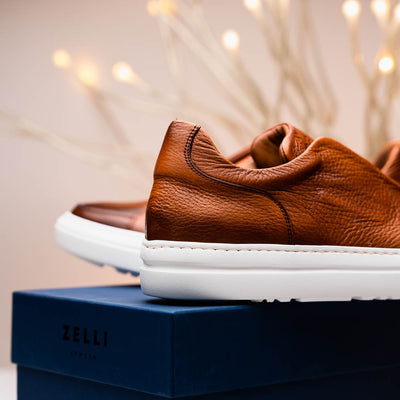 Zelli Italia Men's 65-225-CGN SPETTACOLARE Italian Pebble Grain Calfskin Sneakers Cognac