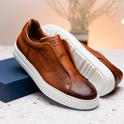 Zelli Italia Men's 65-225-CGN SPETTACOLARE Italian Pebble Grain Calfskin Sneakers Cognac