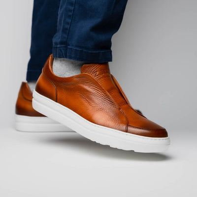 Zelli Italia Men's 65-225-CGN SPETTACOLARE Italian Pebble Grain Calfskin Sneakers Cognac