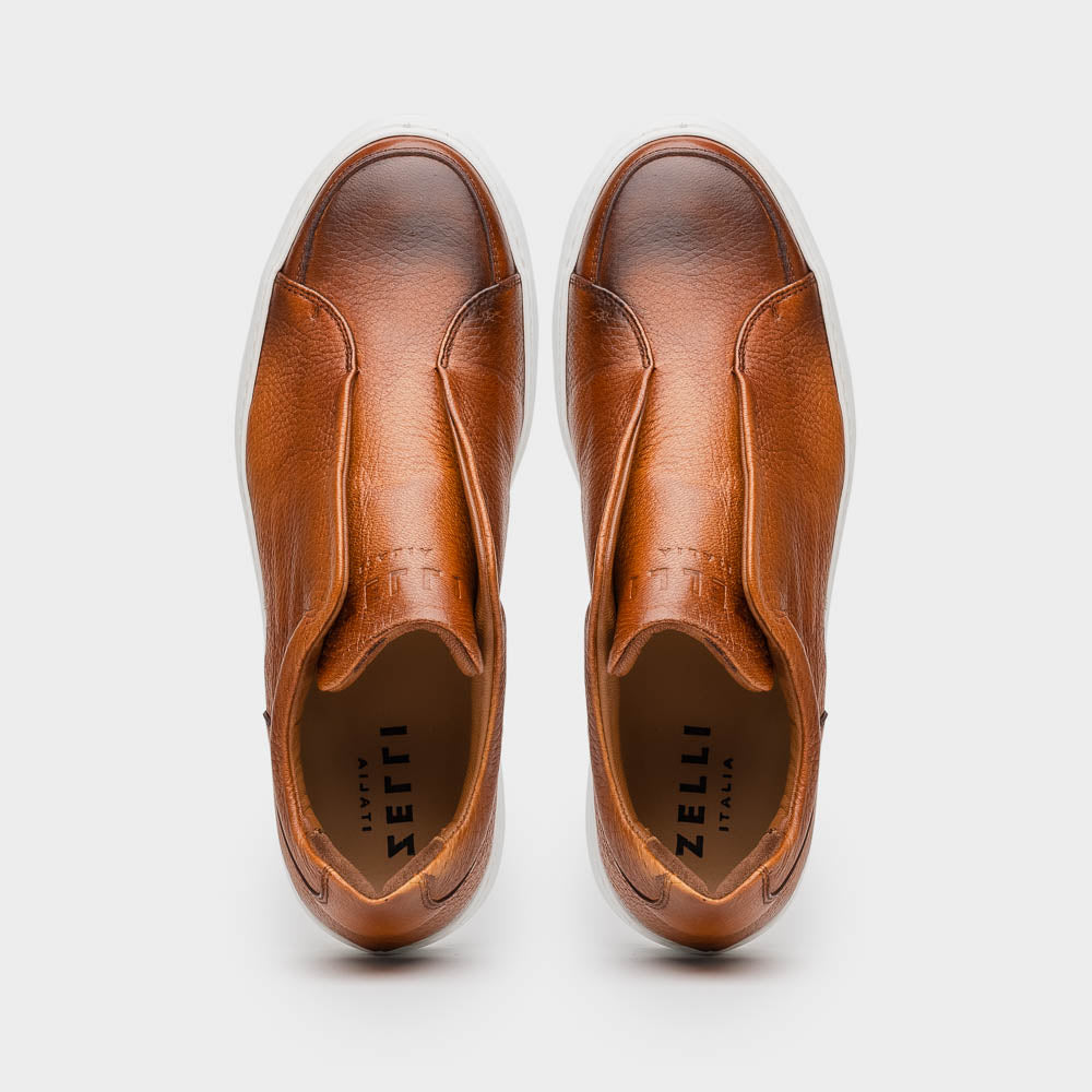 Zelli Italia Men's 65-225-CGN SPETTACOLARE Italian Pebble Grain Calfskin Sneakers Cognac