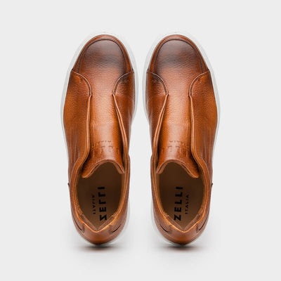 Zelli Italia Men's 65-225-CGN SPETTACOLARE Italian Pebble Grain Calfskin Sneakers Cognac