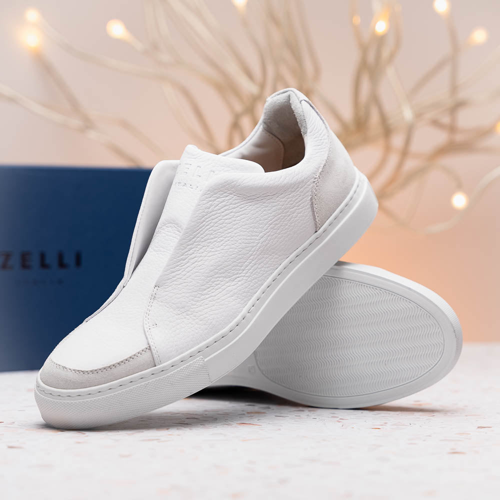 Zelli Italia Men's 65-225-WHT SPETTACOLARE Italian Pebble Grain Calfskin Sneakers White