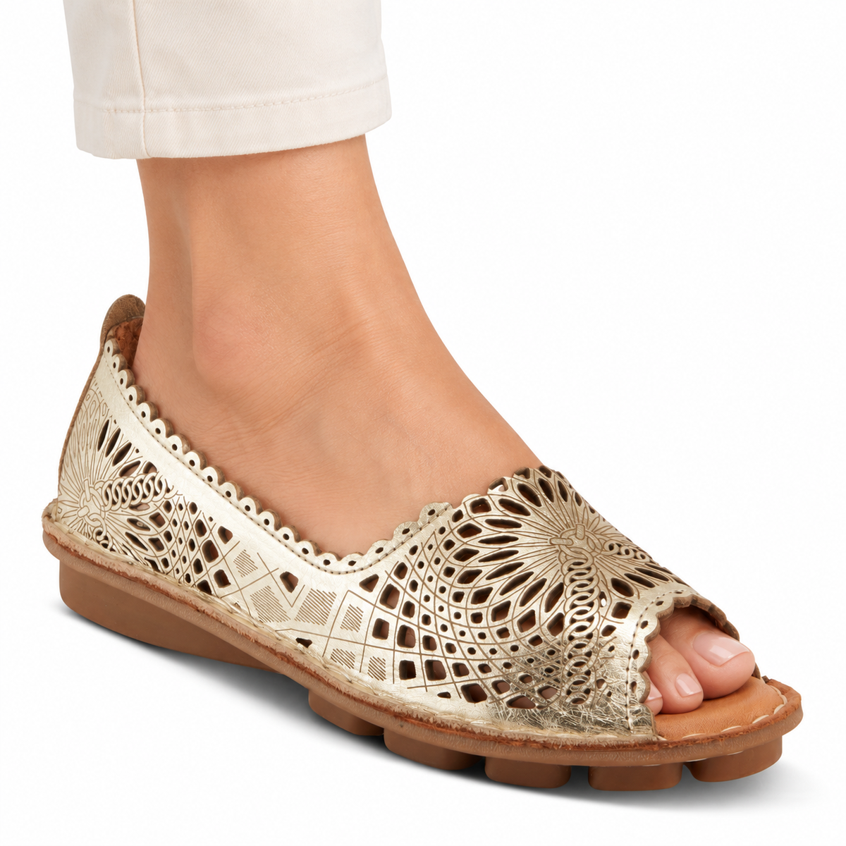 Spring Step Brandal Gold peep-toe flat, on-foot view against white; AI-generated styling illustration