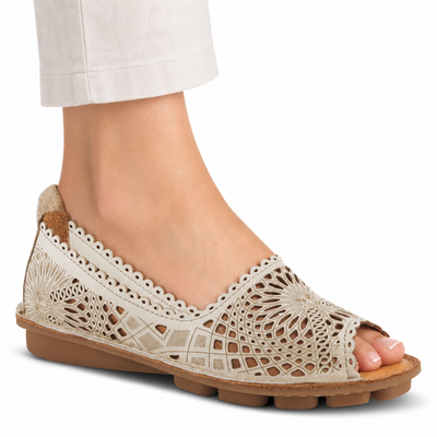 Spring Step Brandal Light Grey peep-toe flat, on-foot view against white; AI-generated styling illustration