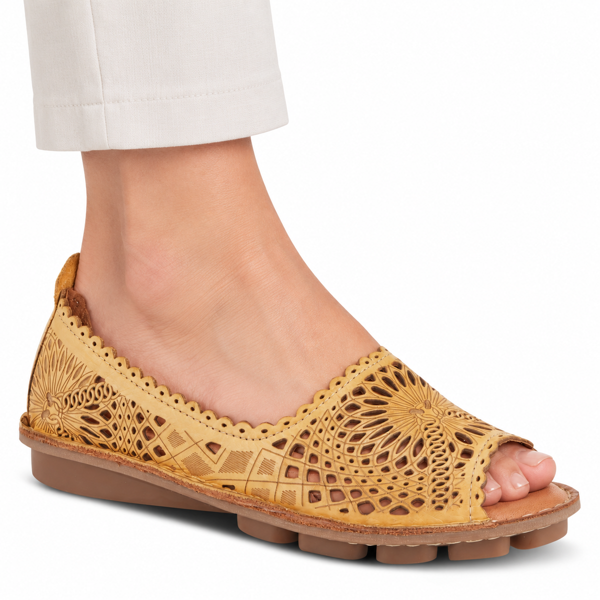 Spring Step Brandal Yellow peep-toe flat, on-foot view against white; AI-generated styling illustration