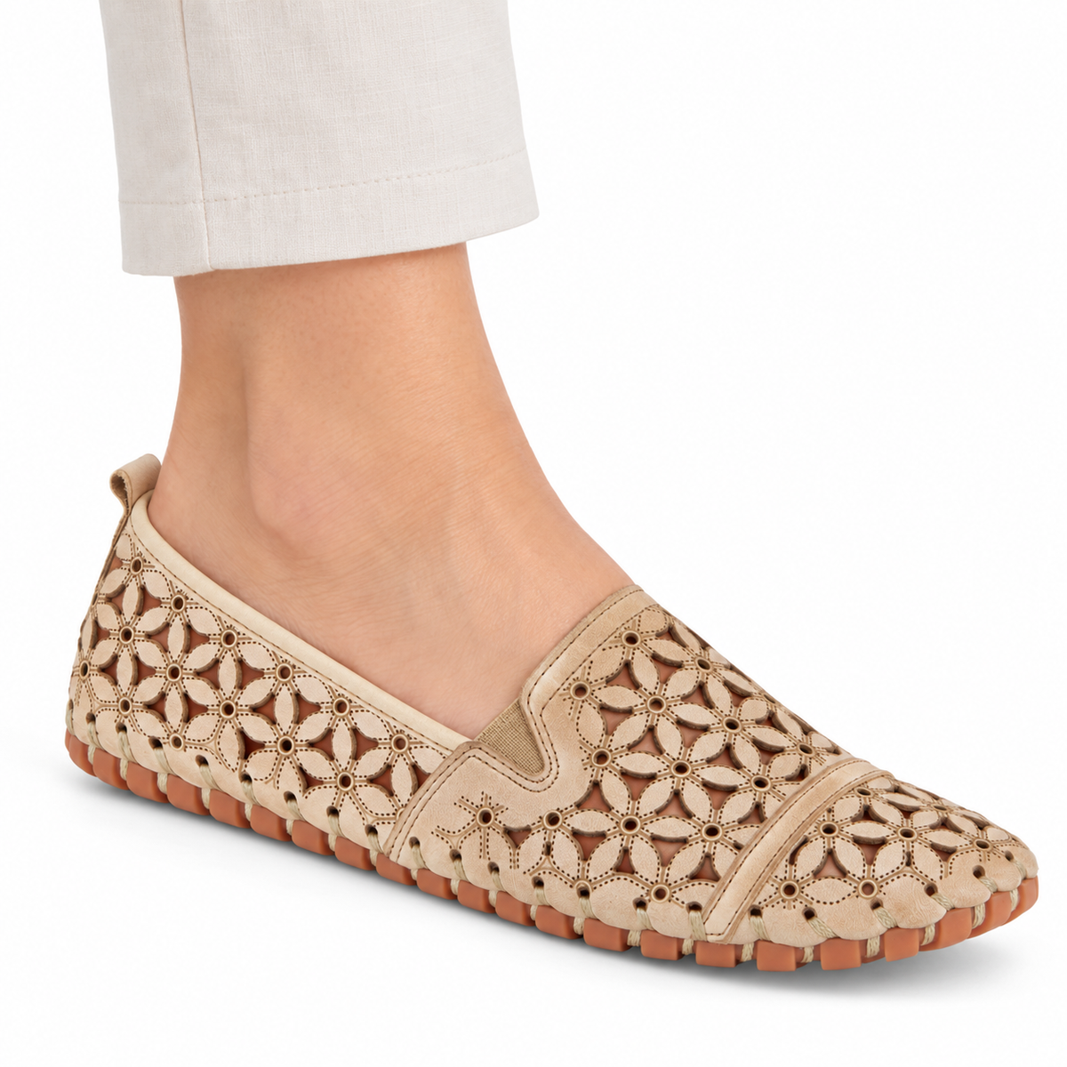 Spring Step Flowerflow Beige slip-on shoe, on-foot view against white; AI-generated styling illustration