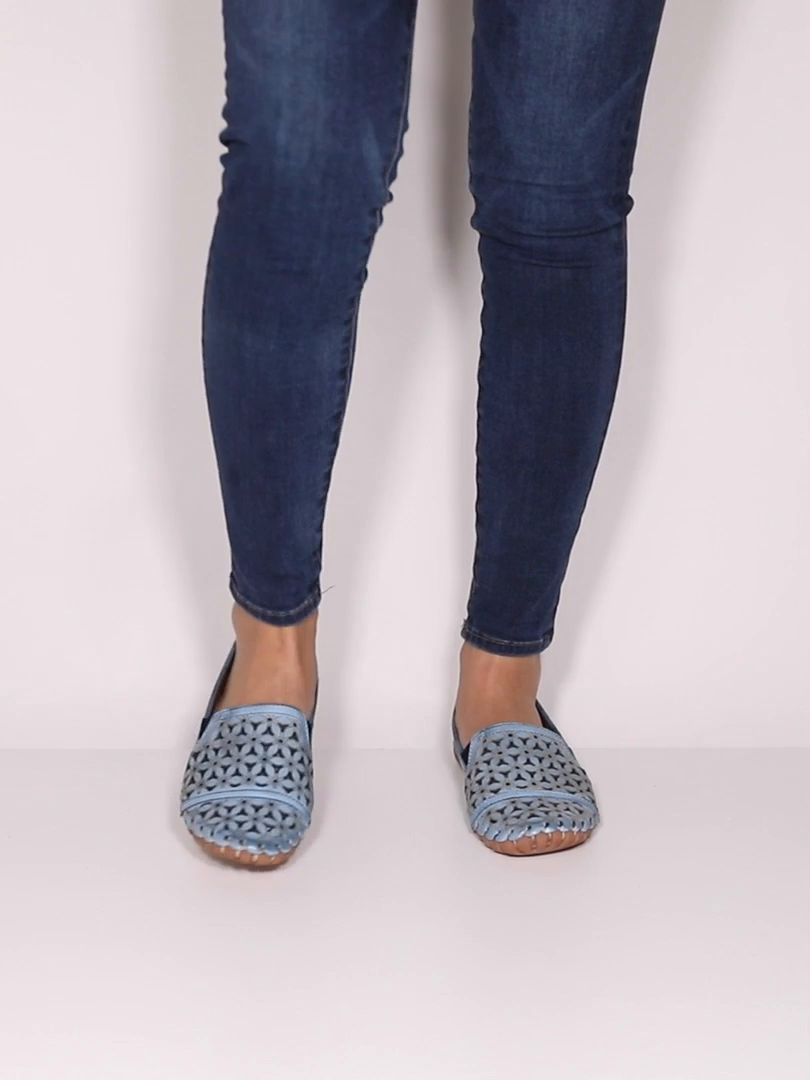 Spring Step Flowerflow Blue shoes worn with jeans; still from manufacturer product video, original pale studio background