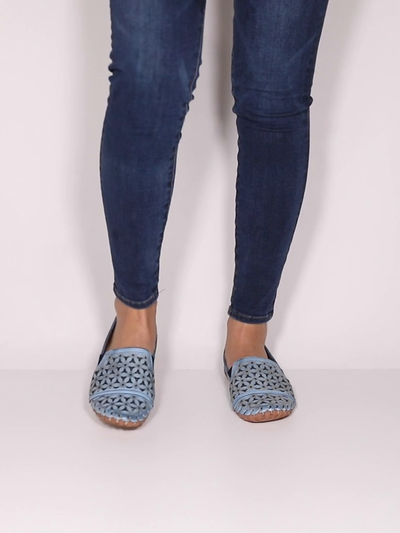 Spring Step Flowerflow Blue shoes worn with jeans; still from manufacturer product video, original pale studio background