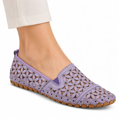 Spring Step Flowerflow Lavender slip-on shoe, on-foot view against white; AI-generated styling illustration
