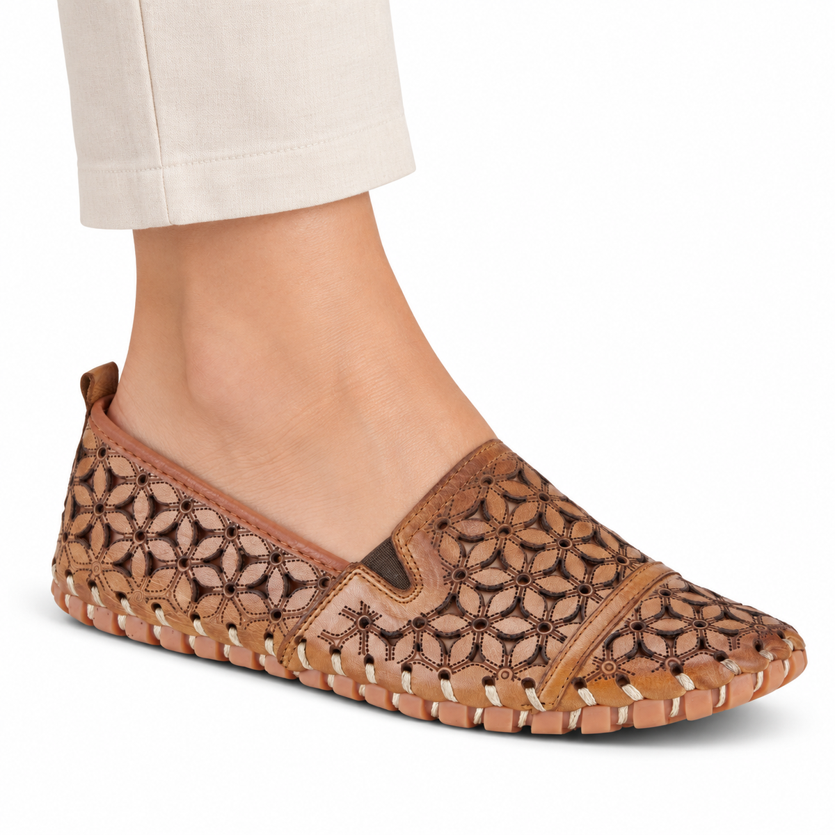 Spring Step Flowerflow Light Brown slip-on shoe, on-foot view against white; AI-generated styling illustration