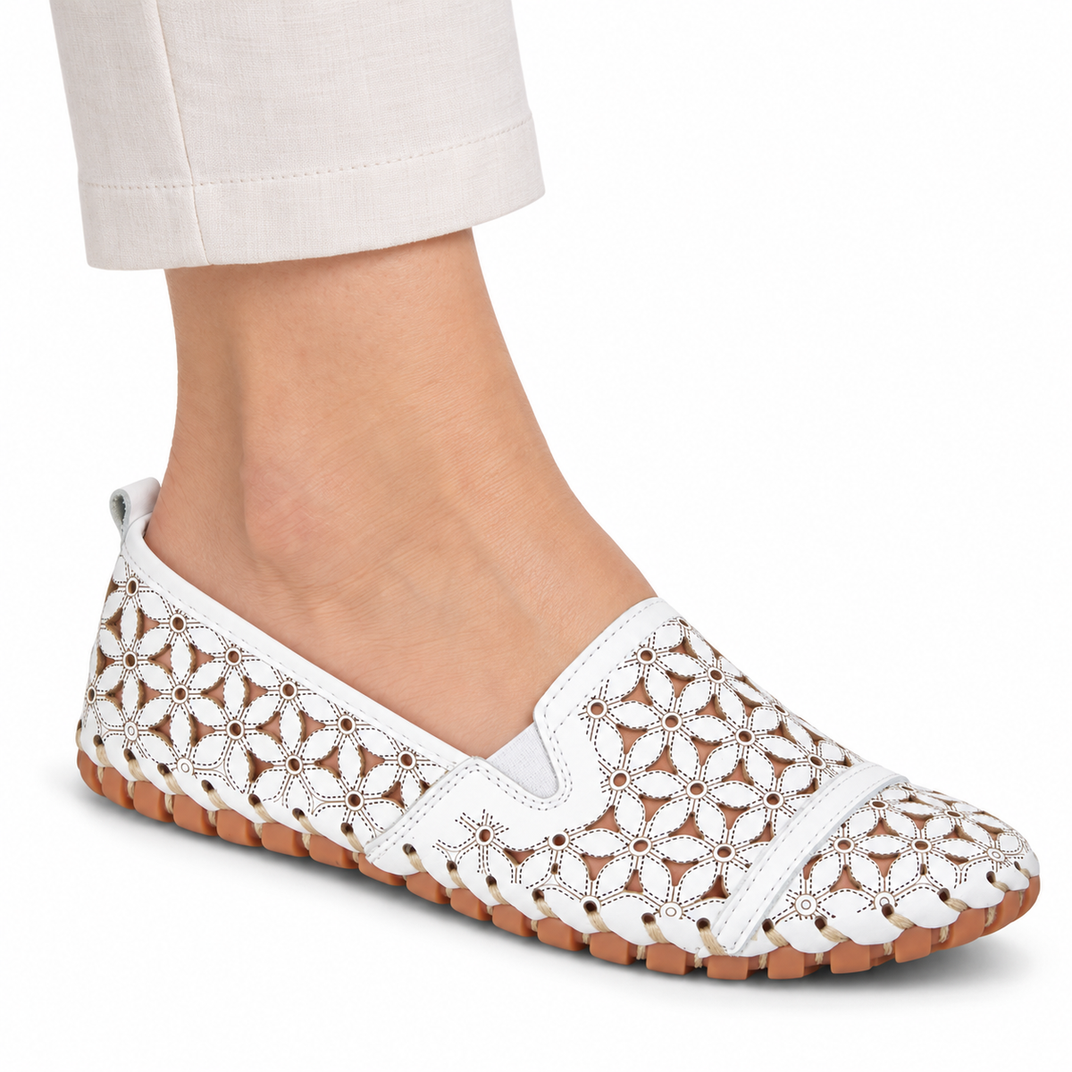 Spring Step Flowerflow White slip-on shoe, on-foot view against white; AI-generated styling illustration