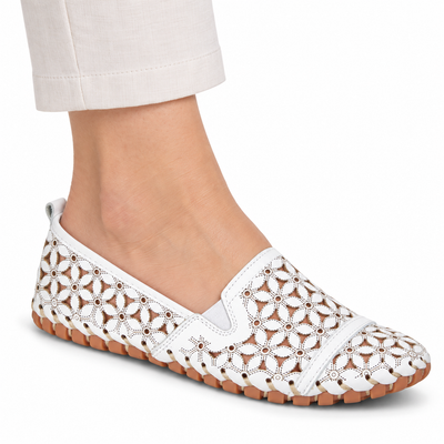 Spring Step Flowerflow White slip-on shoe, on-foot view against white; AI-generated styling illustration